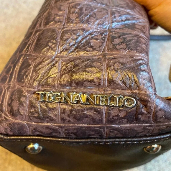 Tignanello Crocodile Print Body Genuine Leather Brown Satchel Shoulder Purse Bag - Picture 2 of 12